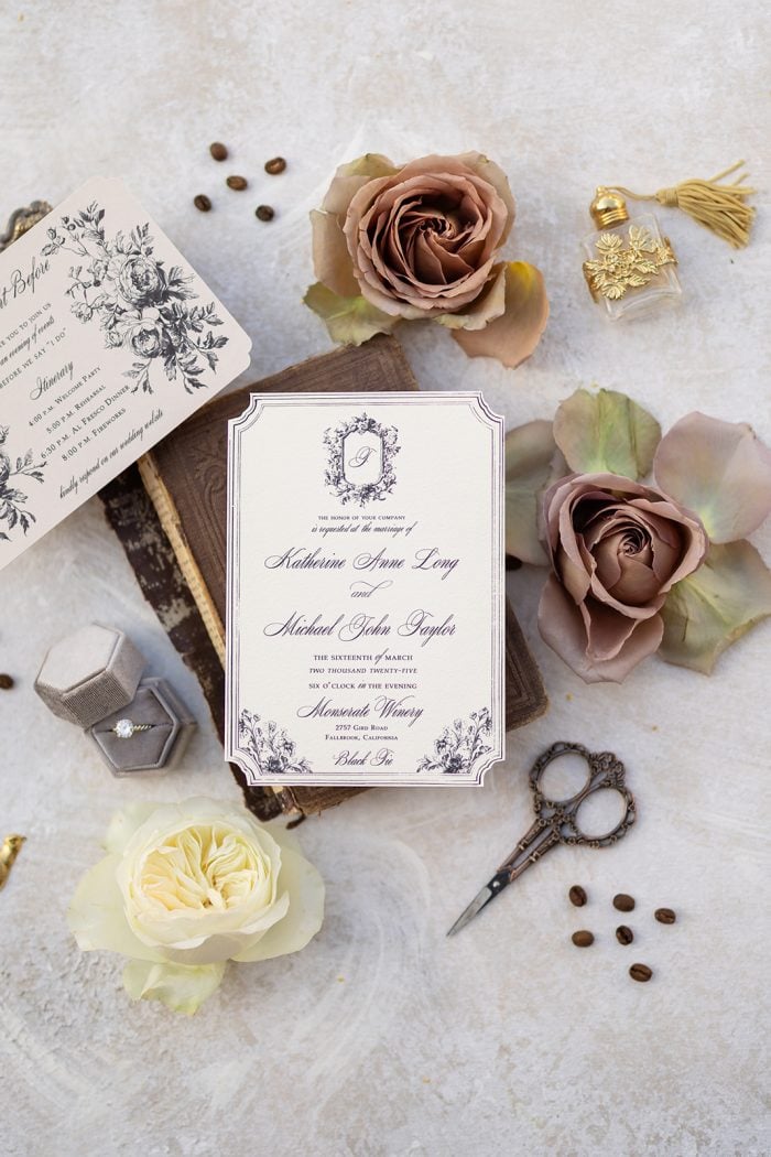 Beautiful wedding invitation featuring roses, vintage scissors, and elegant details.