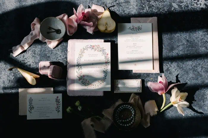 Wedding stationery and floral decor for a romantic celebration.