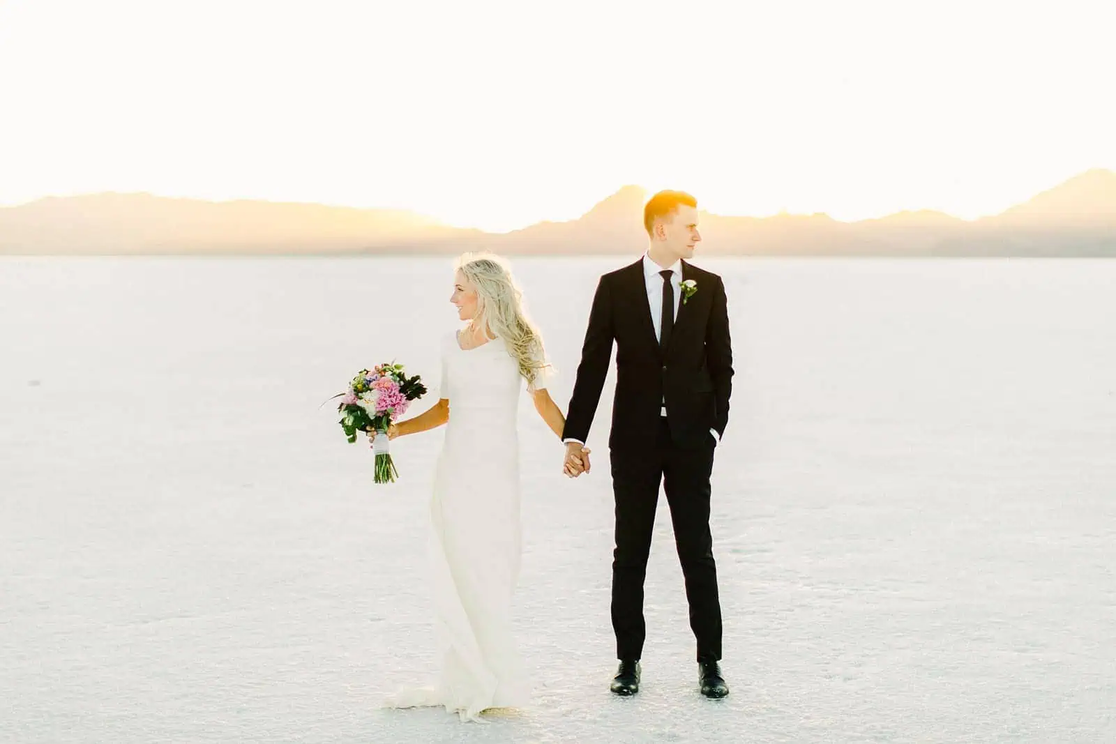 Bonneville Salt Flats Utah Wedding Photography, destination wedding, bride and groom golden sunset light