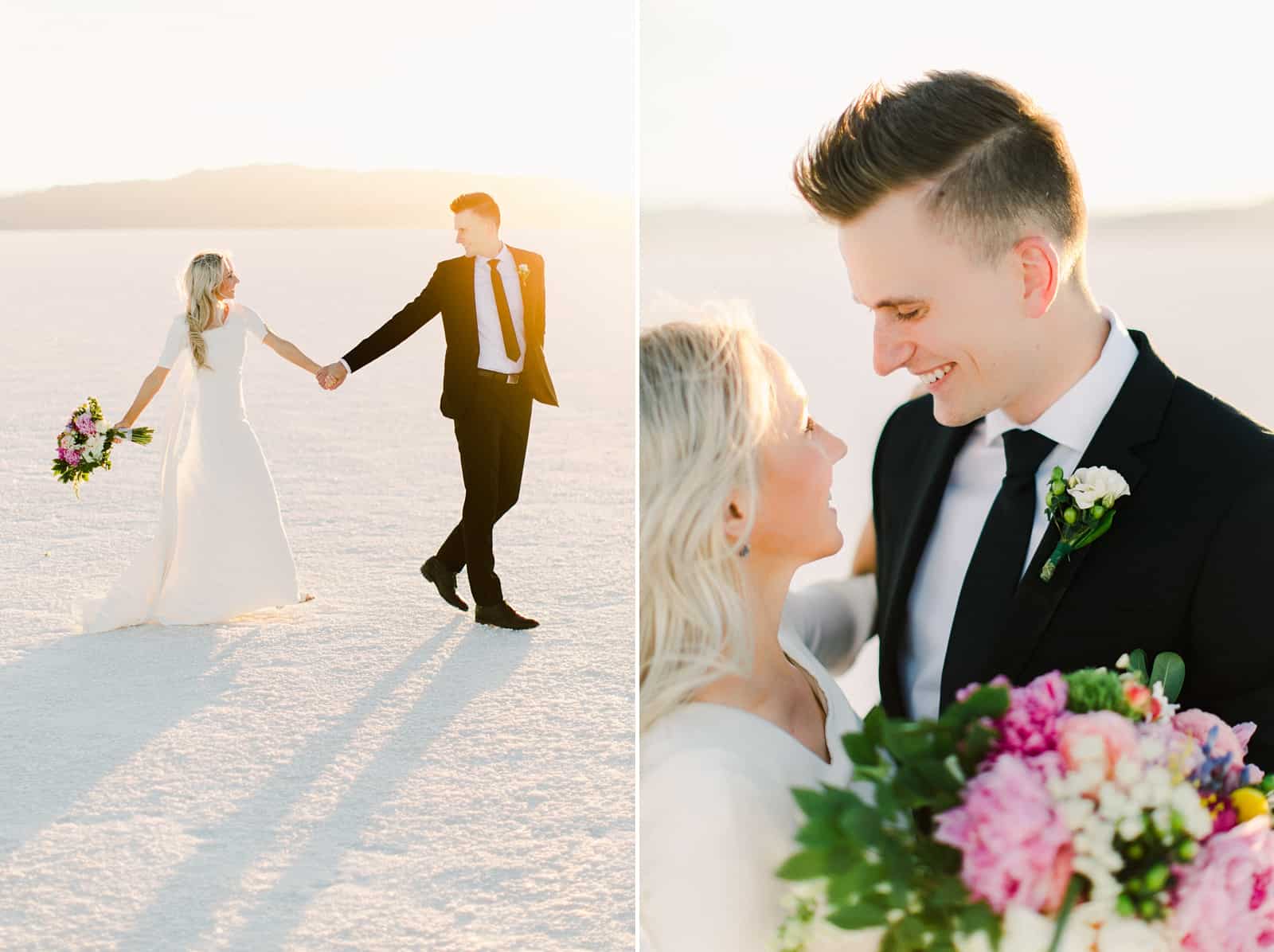 Bonneville Salt Flats Utah Wedding Photography, destination wedding, bride and groom golden sunset light