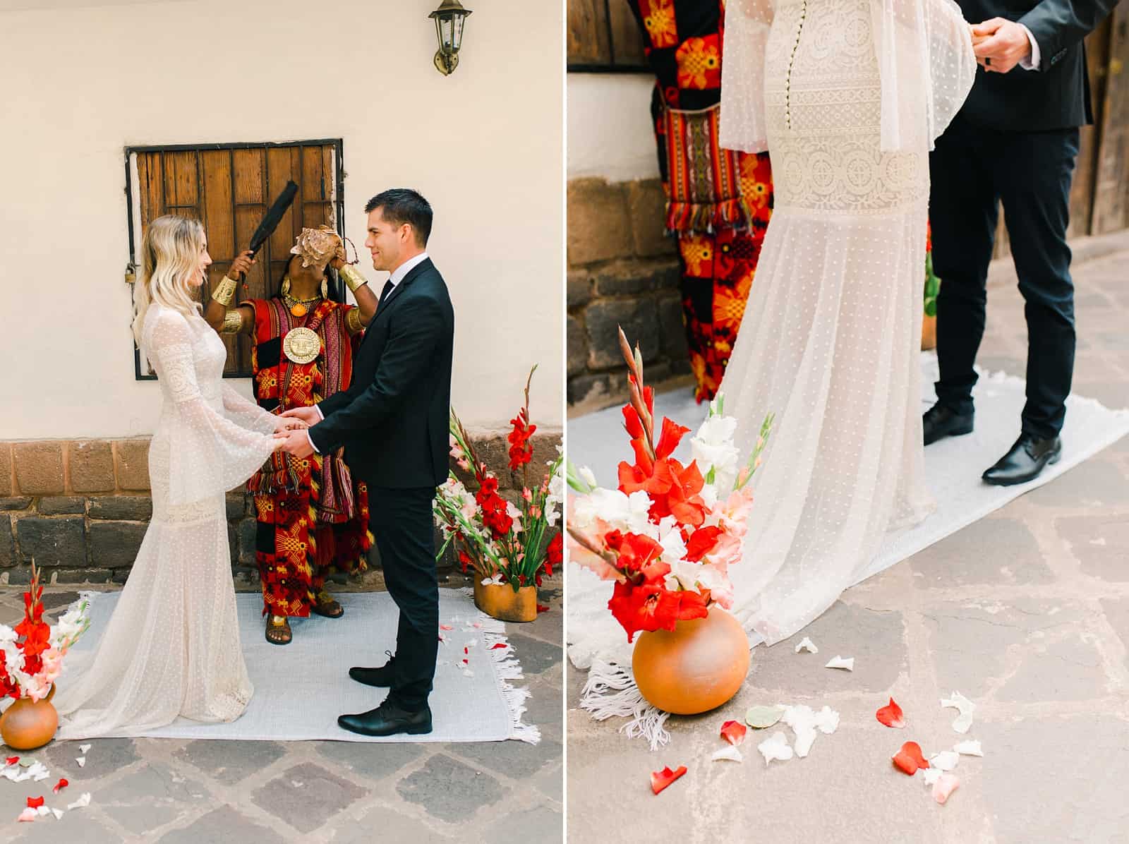 Cusco Peru Destination Wedding, travel wedding photography, Plaza de Armas ceremony with shaman, red flowers boho wedding