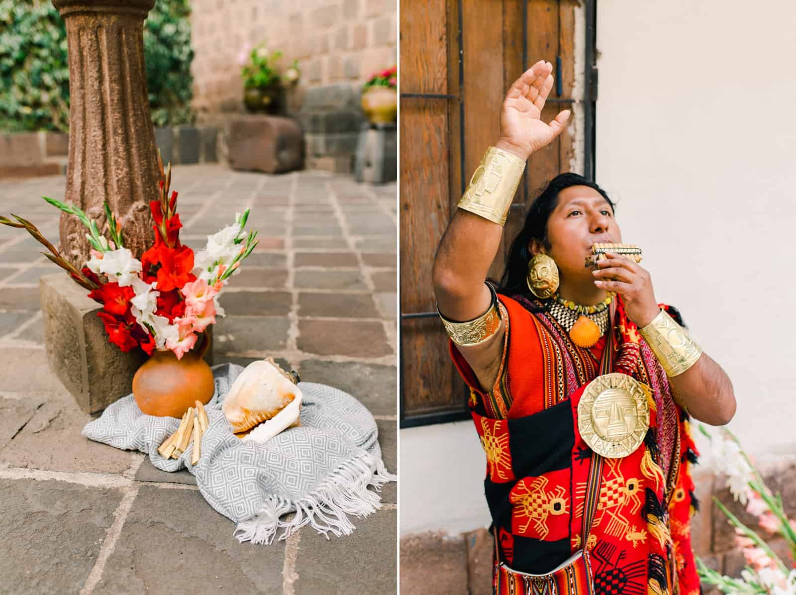 Cusco Peru Destination Wedding, travel wedding photography, Plaza de Armas ceremony with shaman, red flowers boho wedding