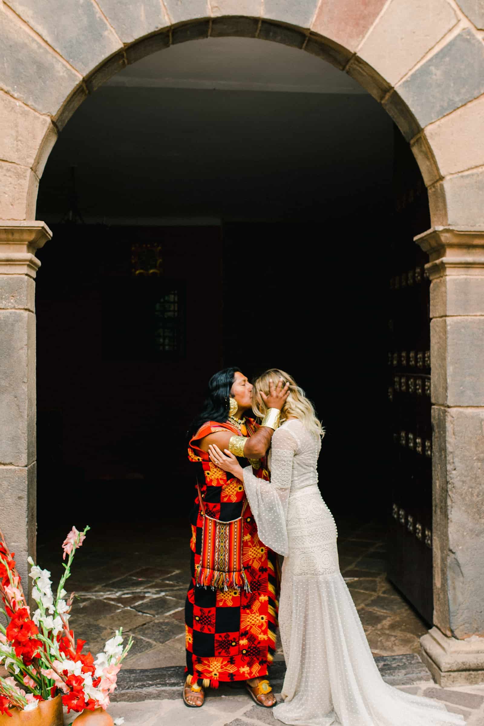 Cusco Peru Destination Wedding, travel wedding photography, Plaza de Armas ceremony with shaman boho wedding