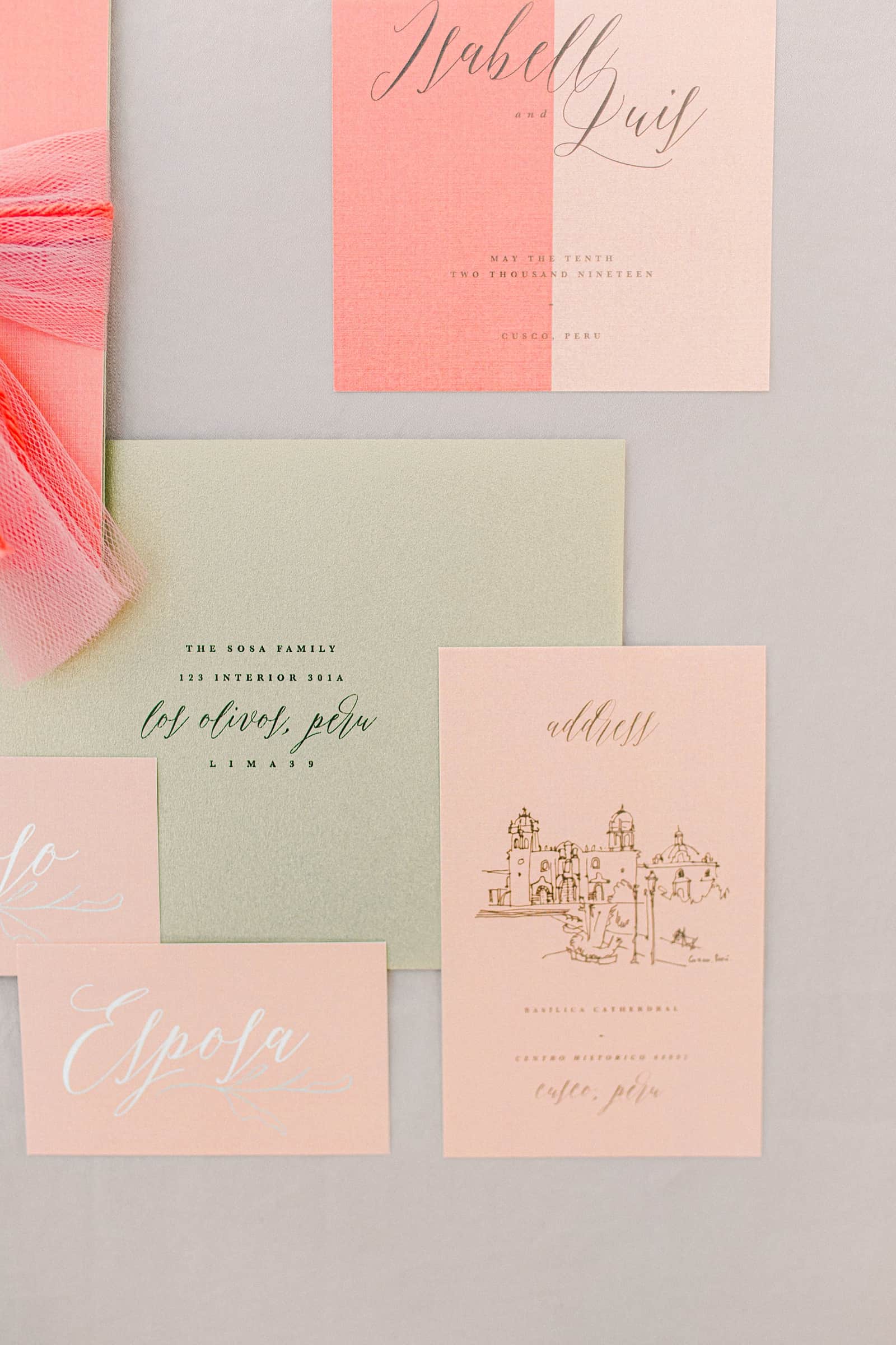 Cusco Peru Destination Wedding Inspiration, travel photography, pink blush tablecloth, pink and blush wedding invitation suite, calligraphy wedding invitations with hand drawn details