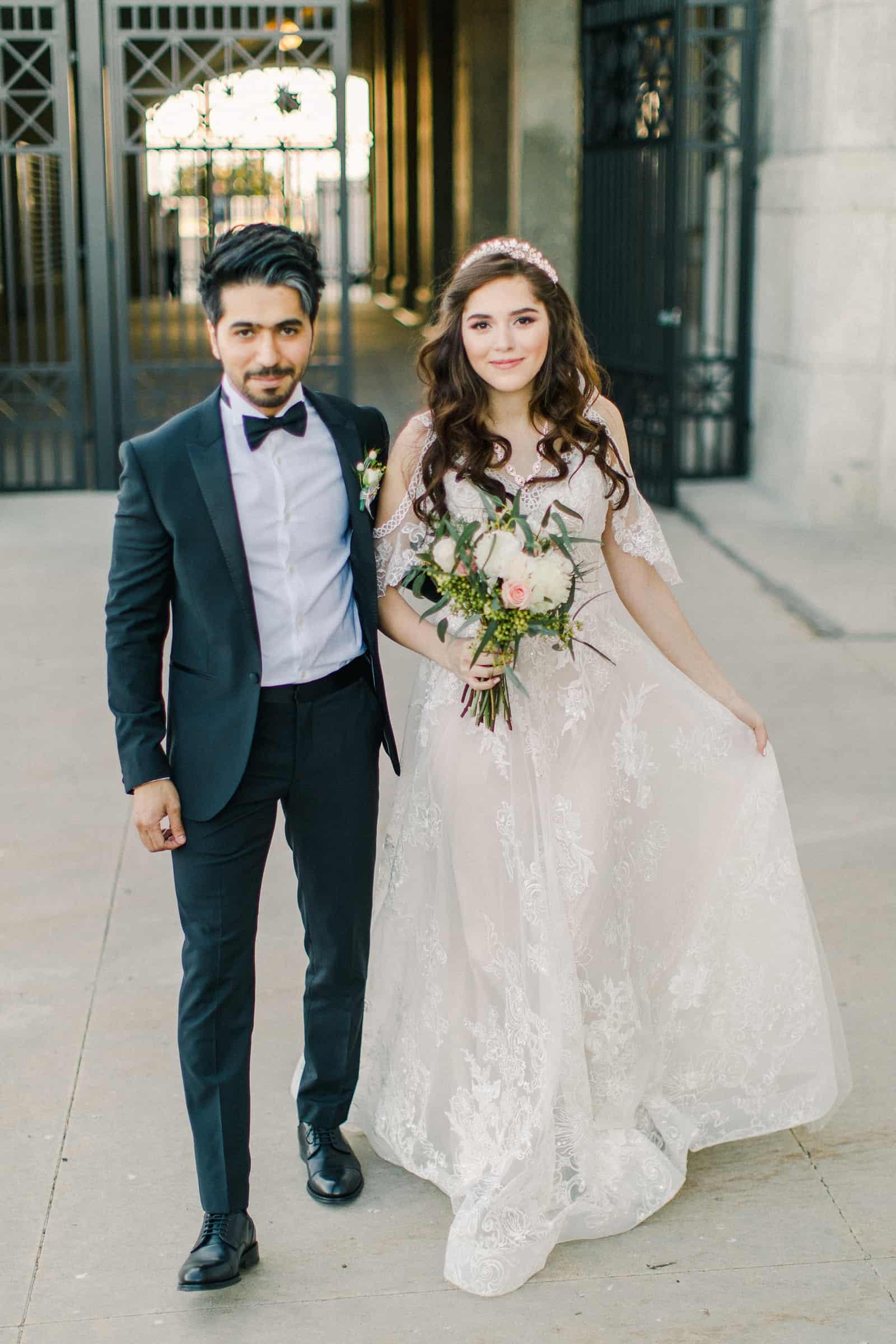 Palestinian Iranian Bride and Groom, Utah Wedding Photography at the Utah State Capitol, travel destination wedding photographer, bride in boho lace Middle Eastern wedding dress