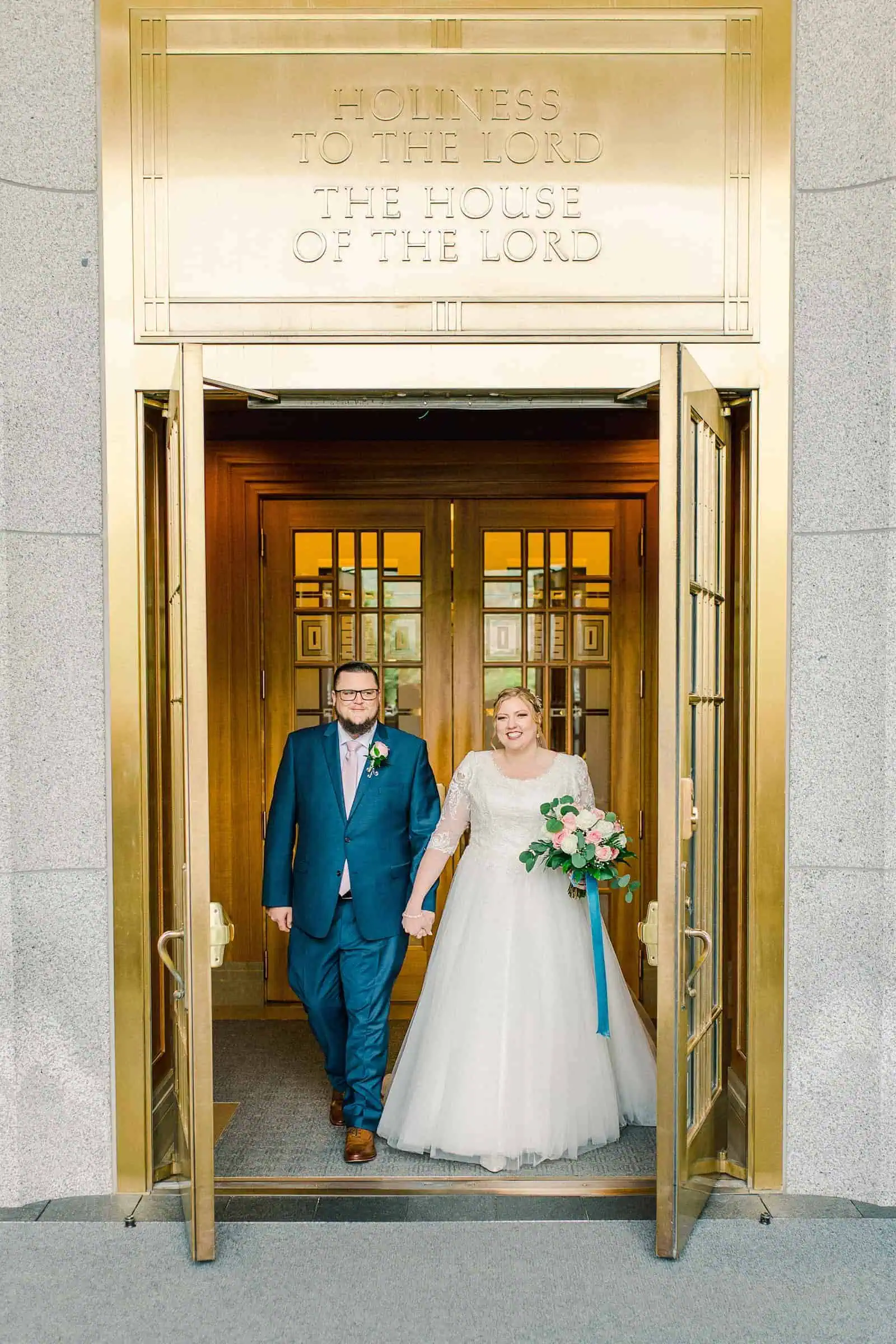 Draper LDS Temple Wedding, Utah wedding photography, summer backyard wedding, bride and groom exit gold doors