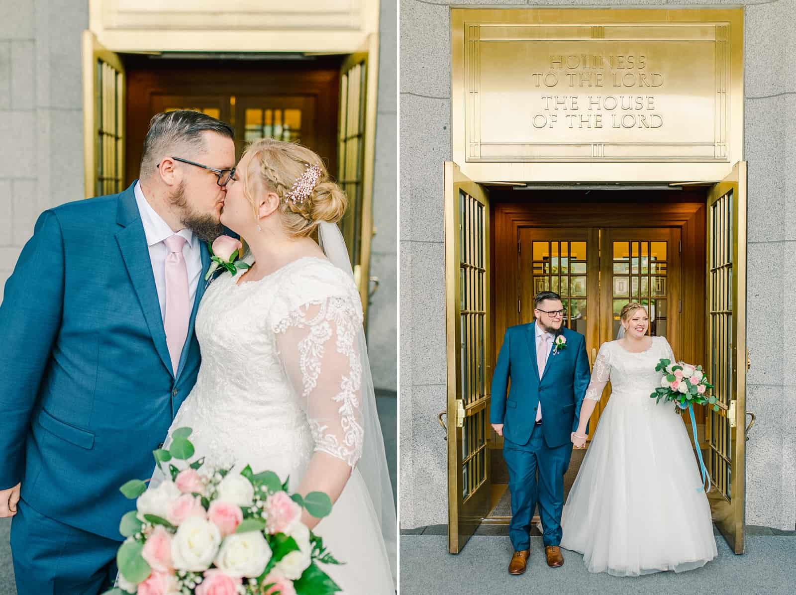 Draper LDS Temple Wedding, Utah wedding photography, summer backyard wedding, bride and groom exit gold doors