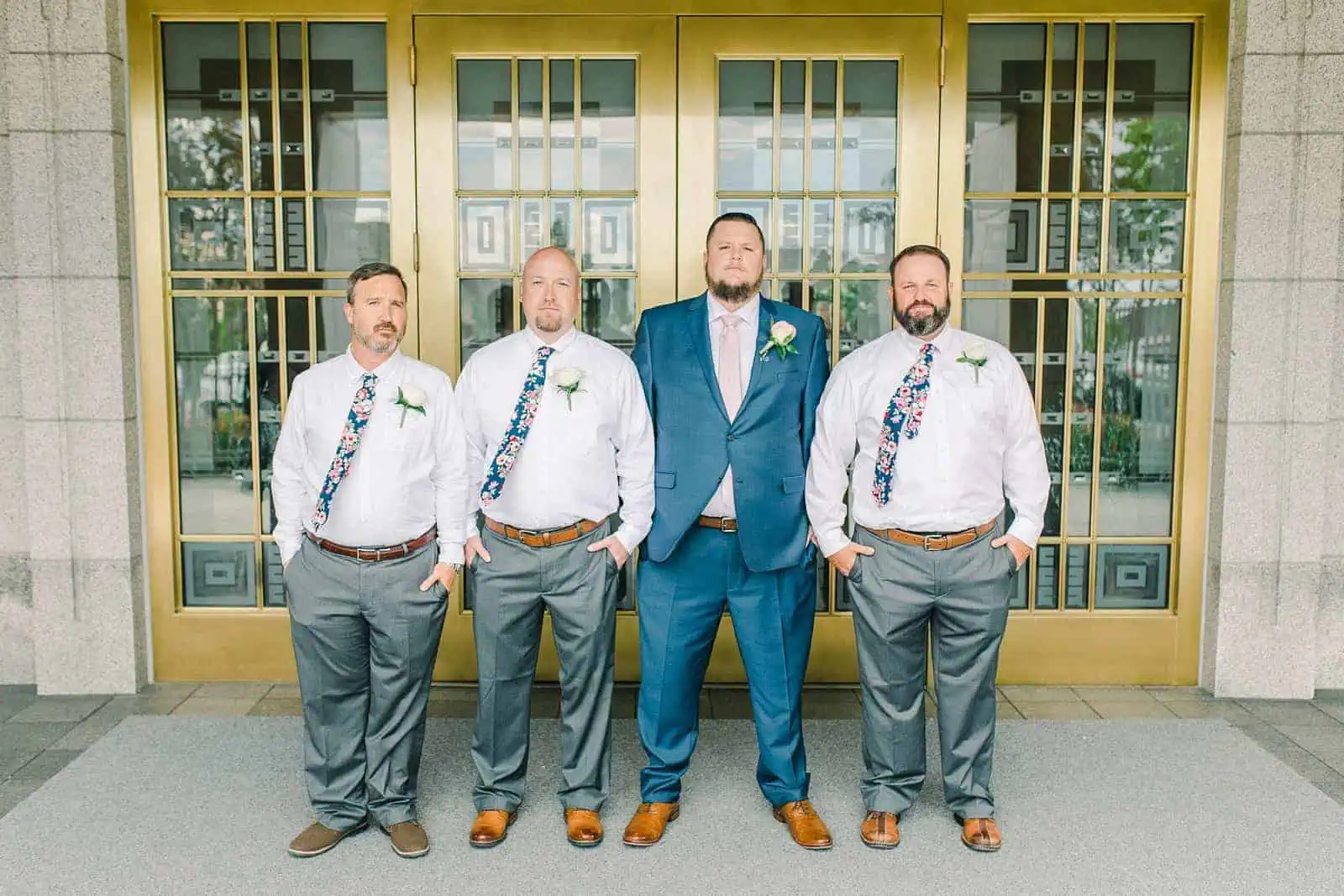 Draper LDS Temple Wedding, Utah wedding photography, summer backyard wedding, groom and groomsmen navy blue suit