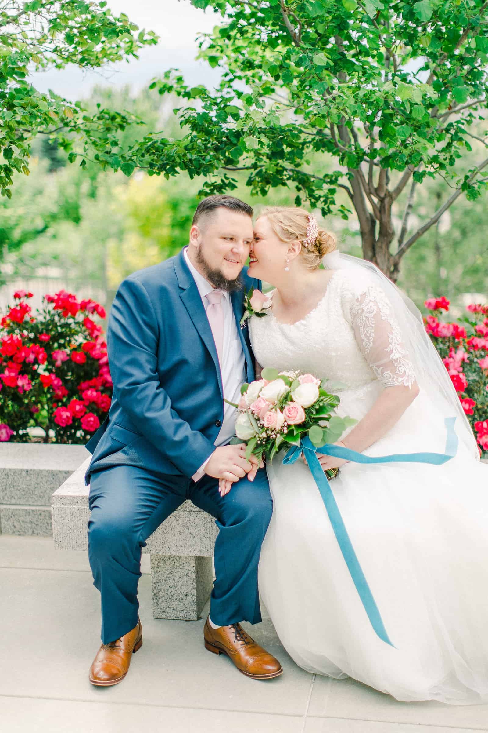 Draper LDS Temple Wedding, Utah wedding photography, summer backyard wedding, bride and groom, pink and rose bouquet with blue ribbon