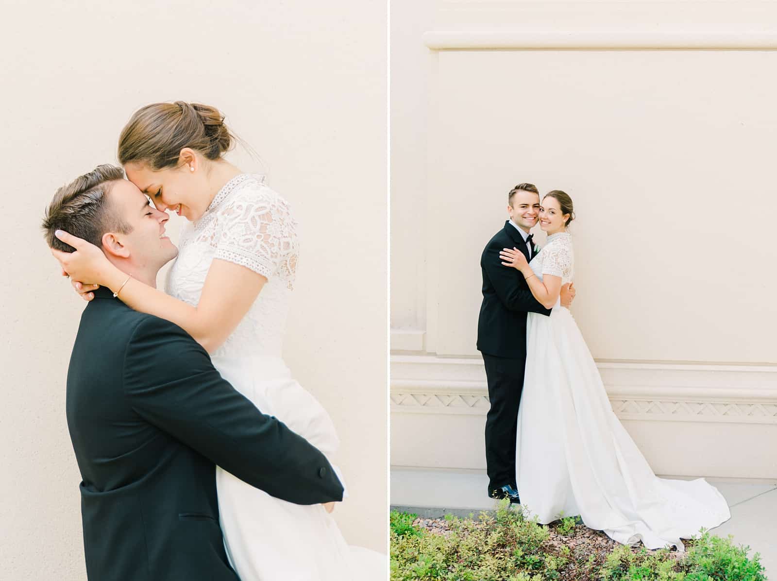 Payson Utah Temple wedding, bride and groom pose