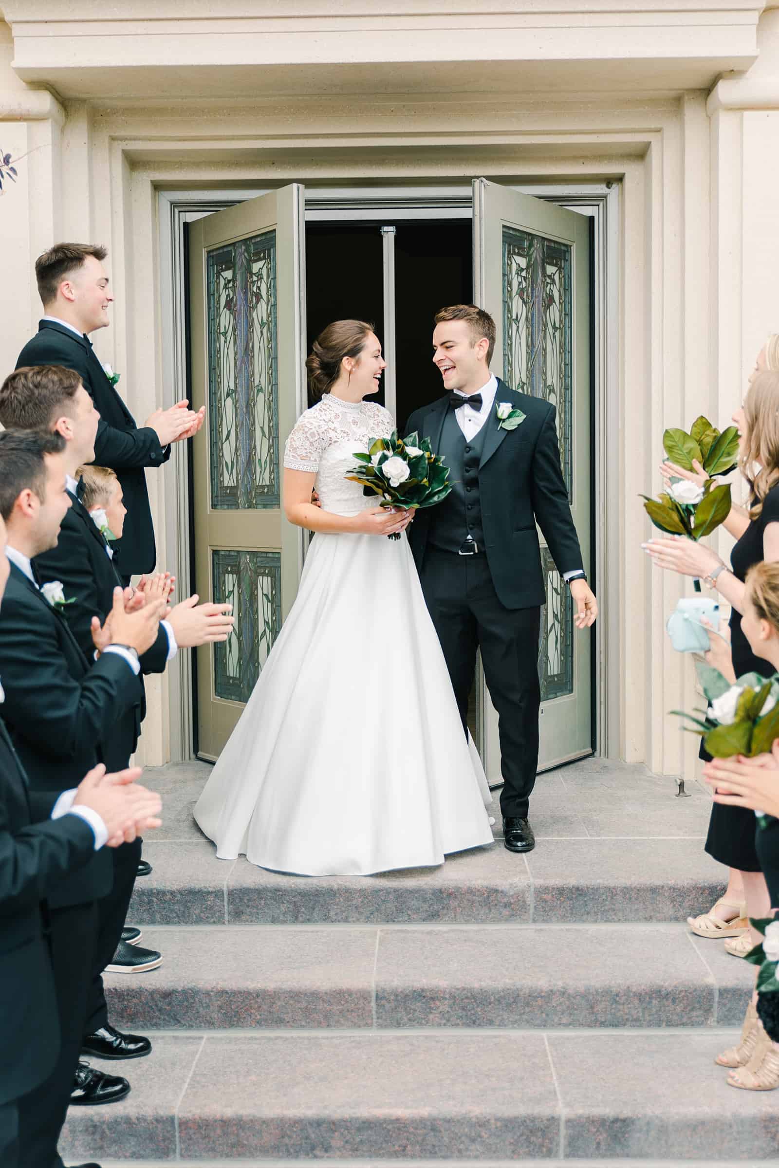 Payson Utah Temple wedding, bride and groom exit