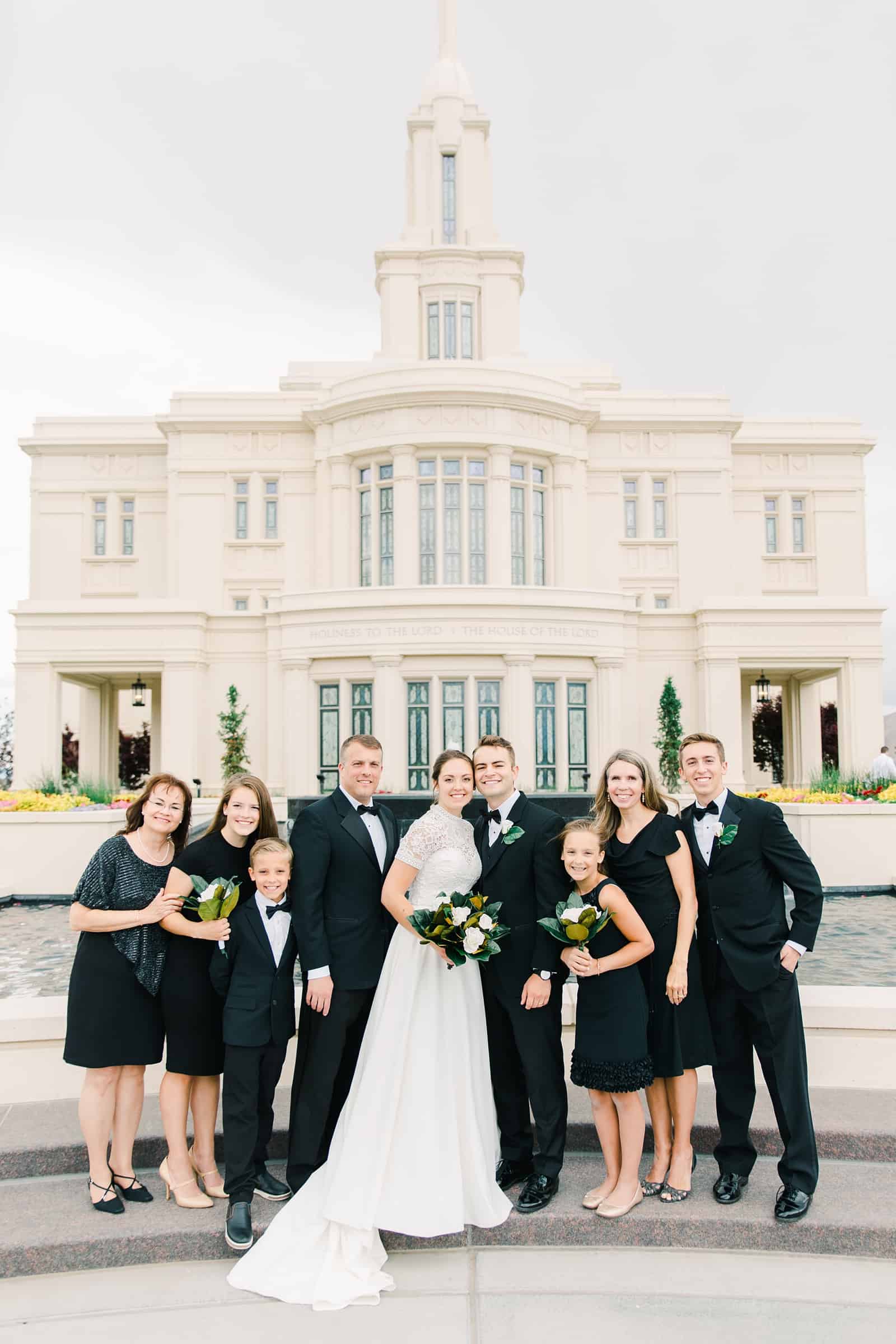 Payson Utah Temple wedding, family pictures in classic black dresses and tuxedos