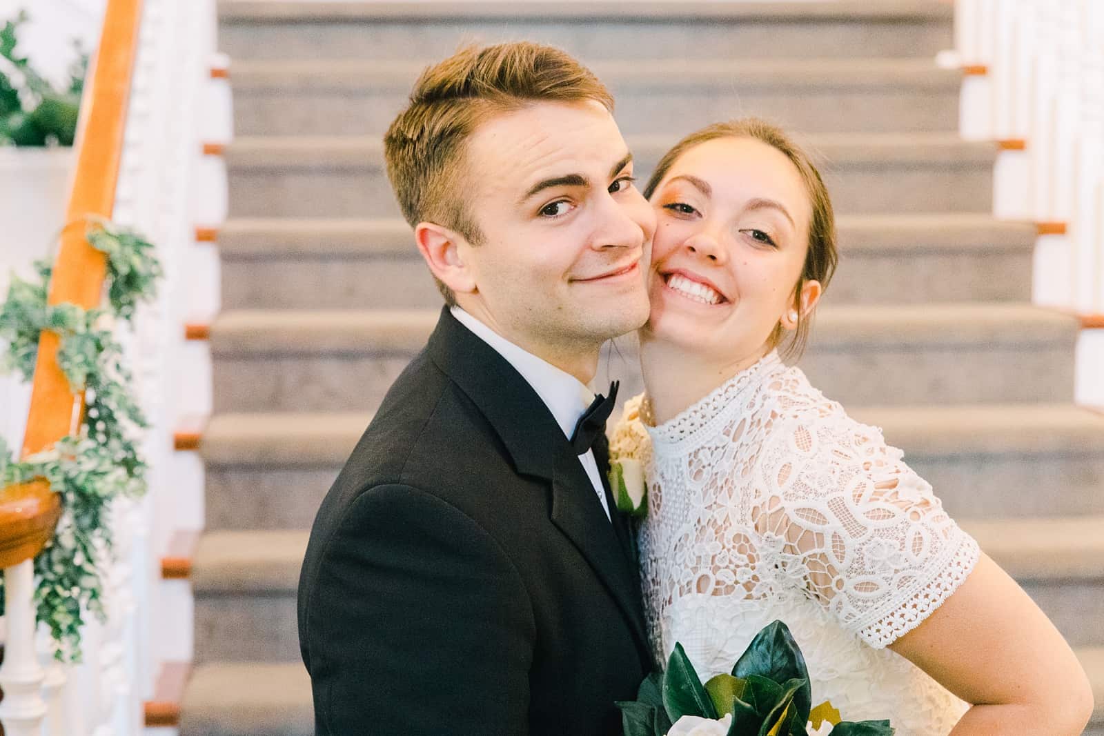 Clarion Gardens Payson Utah Wedding, bride and groom cheesy smile