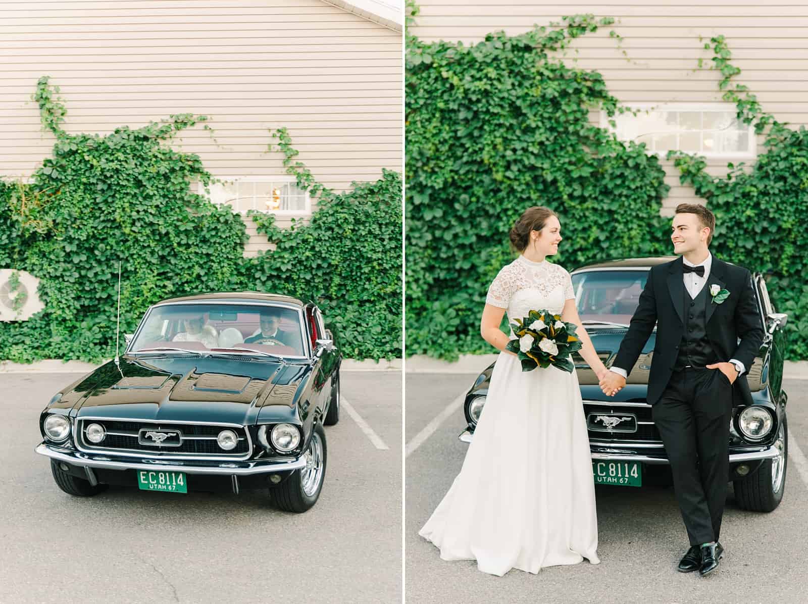 Clarion Gardens Payson Utah Wedding, bride and groom pose with black vintage Mustang convertible reception getaway car