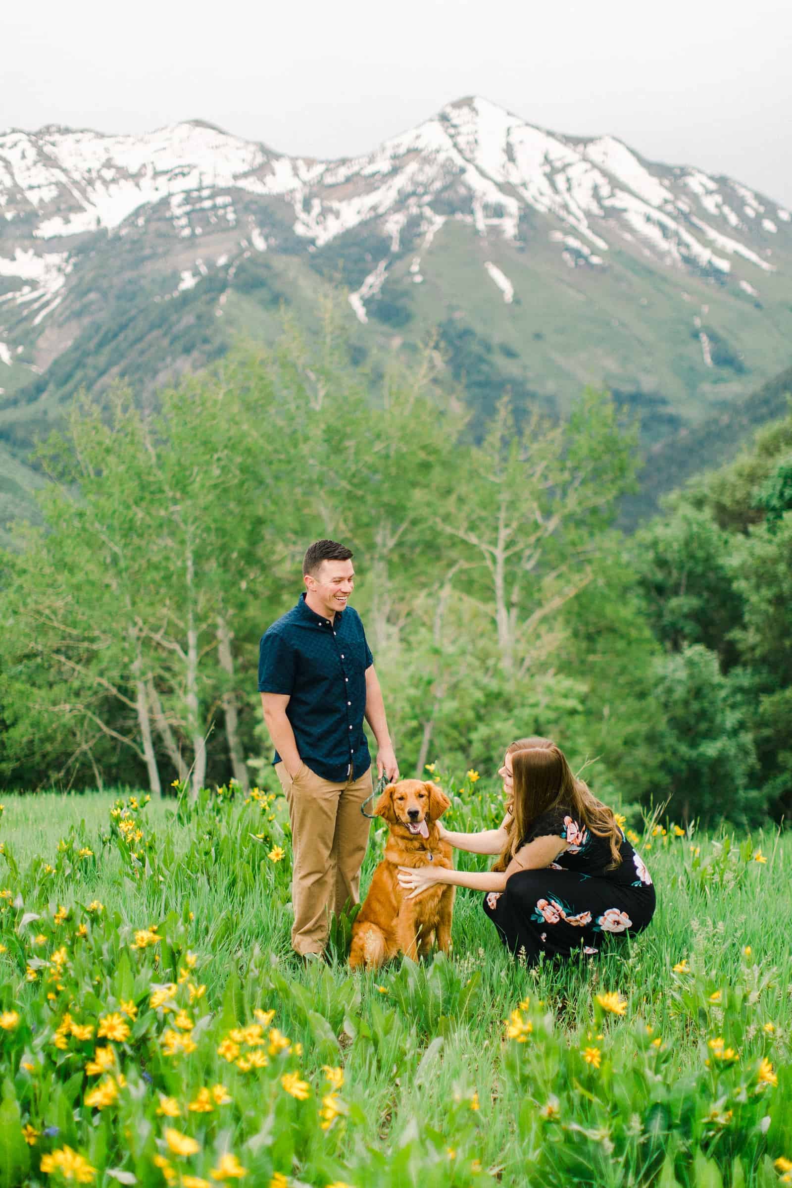 Provo Canyon wildflowers field engagement session, Utah wedding photography, engaged couple with their dog