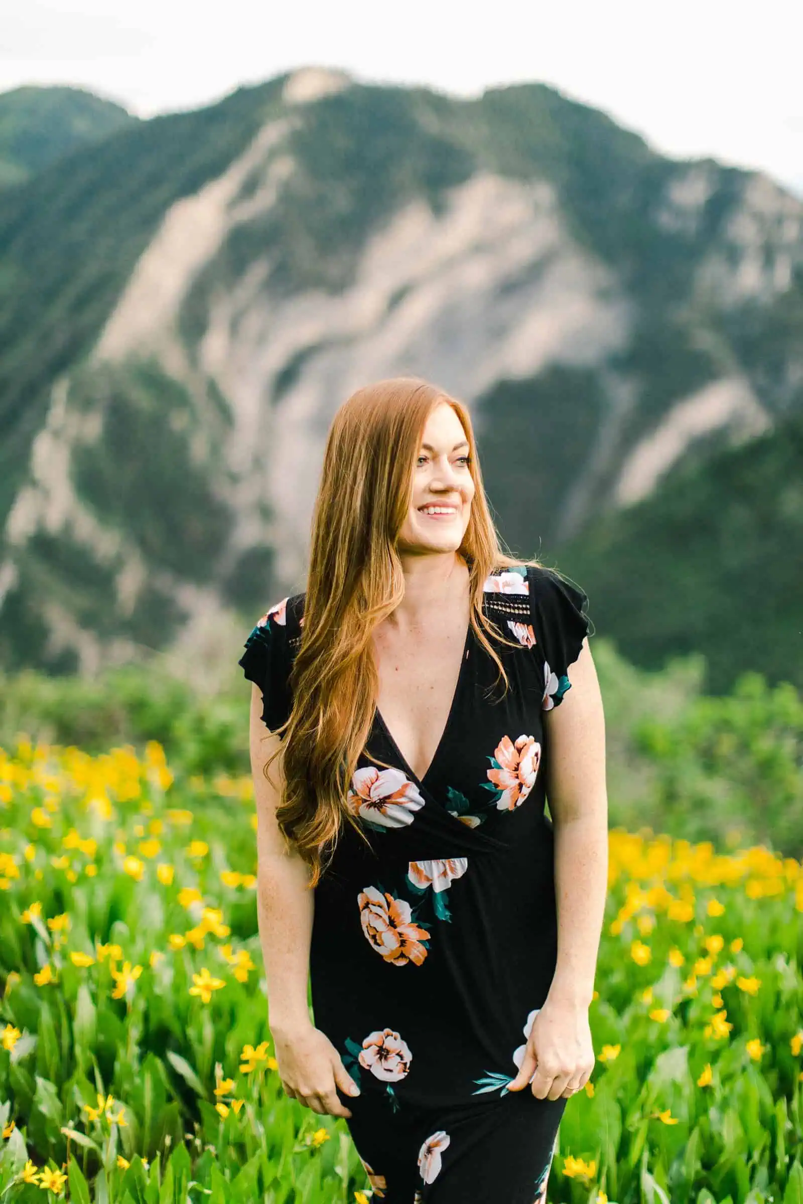 Provo Canyon wildflowers field engagement session, Utah wedding photography, bride in black floral dress