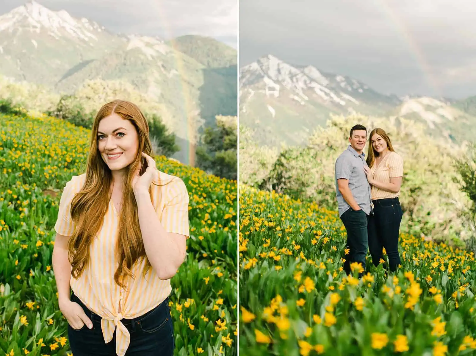 Provo Canyon wildflowers field engagement session, Utah wedding photography, engaged couple in yellow flowers and mountains with rainbow in background, bride in peach shirt with front tie and jeans