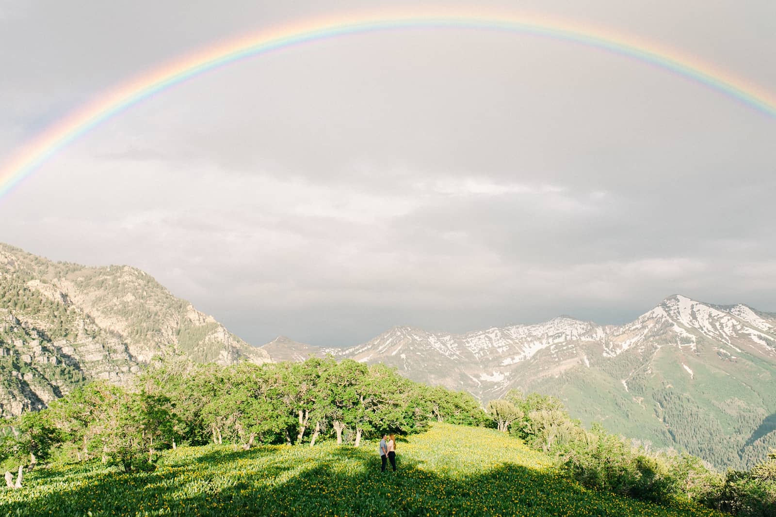 Provo Canyon wildflowers field engagement session, Utah wedding photography, engaged couple kissing in yellow flowers and mountains with rainbow in background