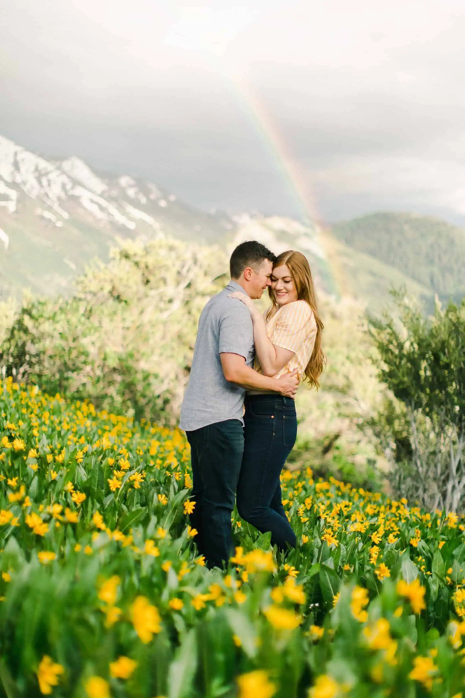 Provo Canyon wildflowers field engagement session, Utah wedding photography, engaged couple in yellow flowers and mountains with rainbow in background