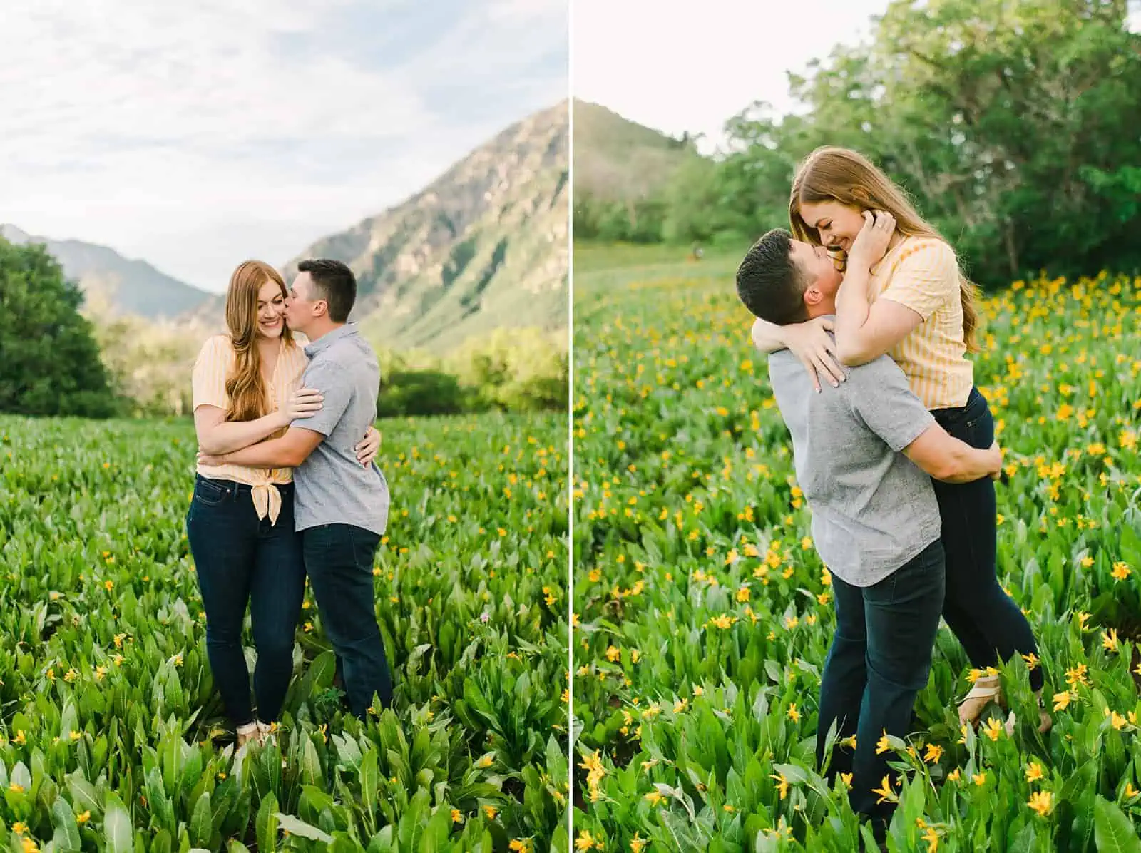 Provo Canyon wildflowers field engagement session, Utah wedding photography, engaged couple in yellow flowers and mountains