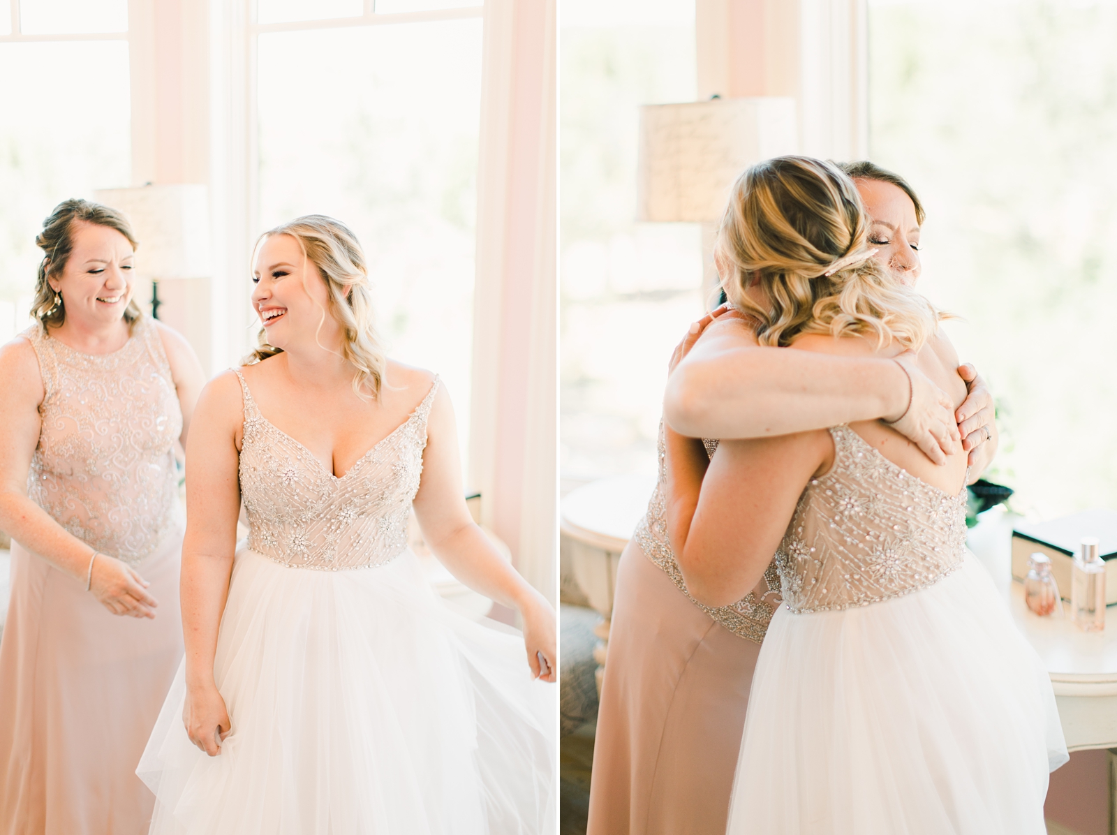 bride hugging mother during getting ready photos