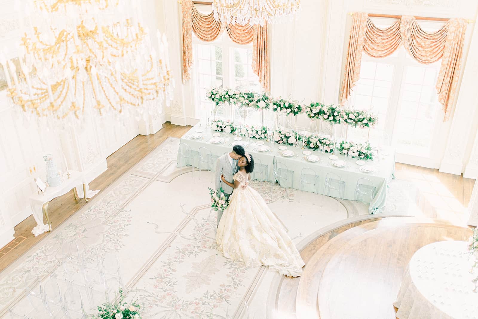 Bride and groom ballroom wedding with light blue at the Olana in Dallas, Texas, Disney princess wedding