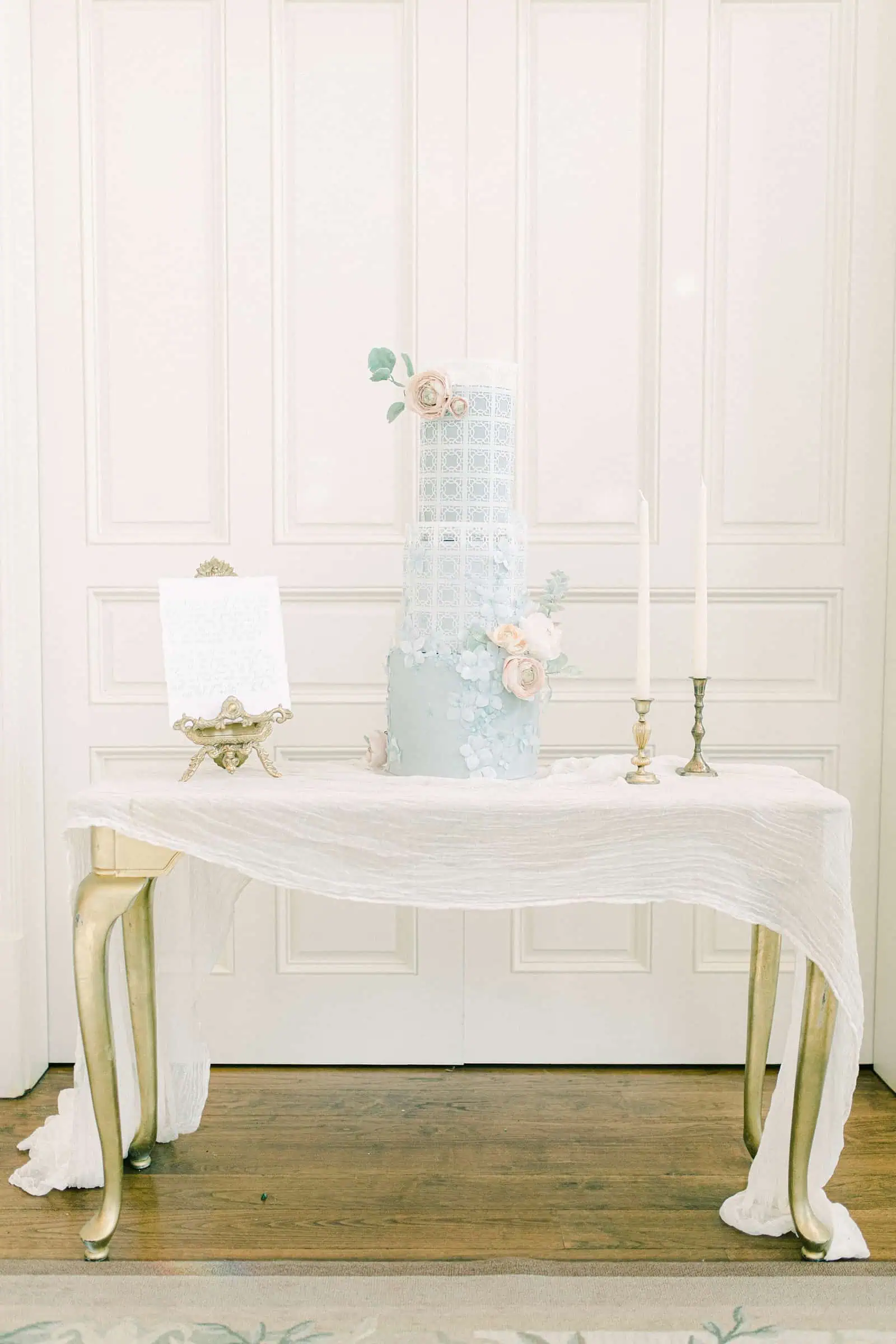 Cinderella light blue wedding cake with sugar flowers