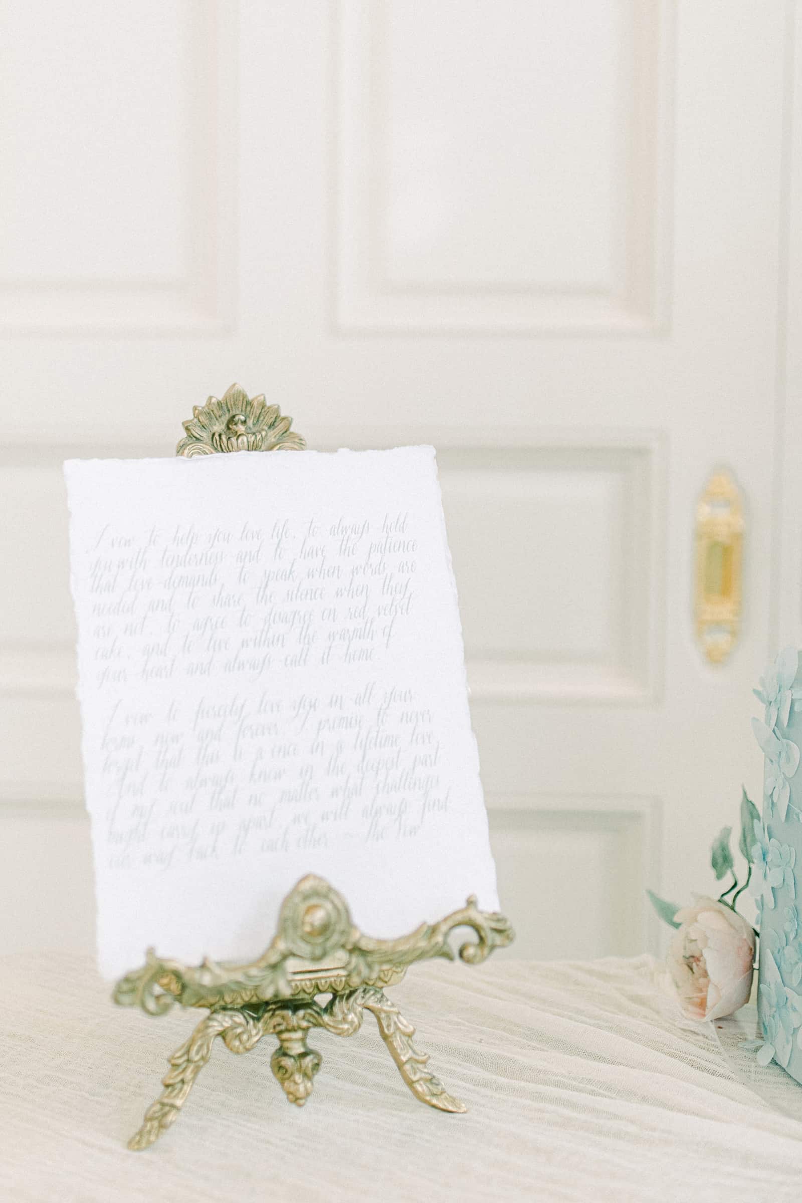 Wedding calligraphy bride and groom vows, personalized wedding details