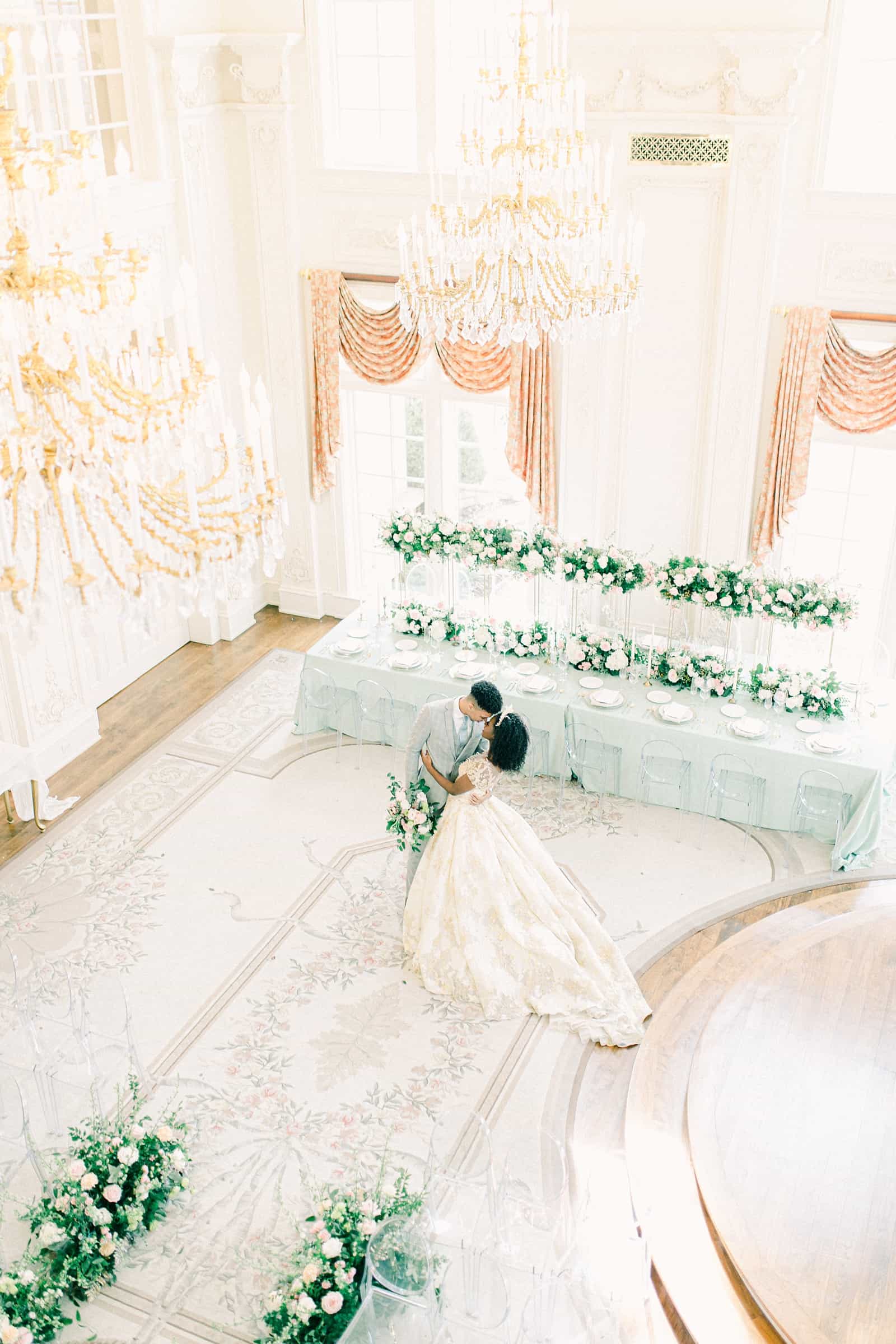 Bride and groom ballroom wedding with light blue at the Olana in Dallas, Texas, Disney princess wedding