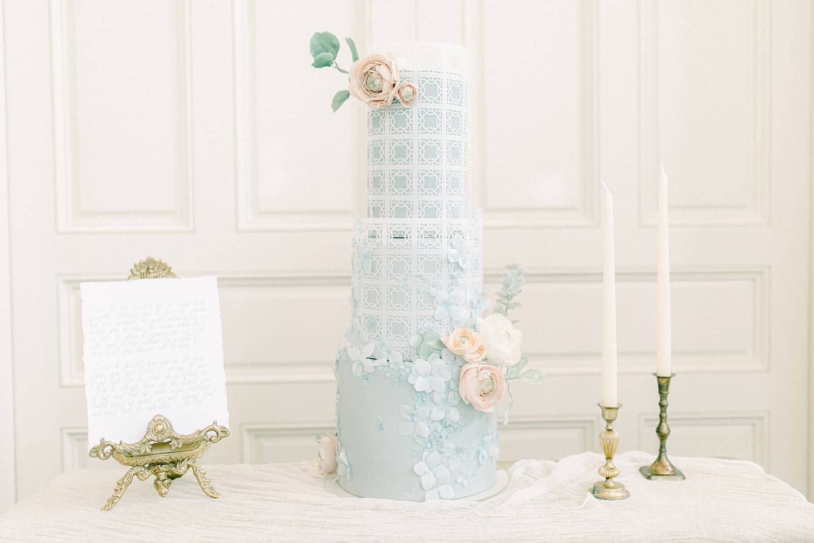 Cinderella light blue wedding cake with sugar flowers, ballroom wedding, Disney princess wedding