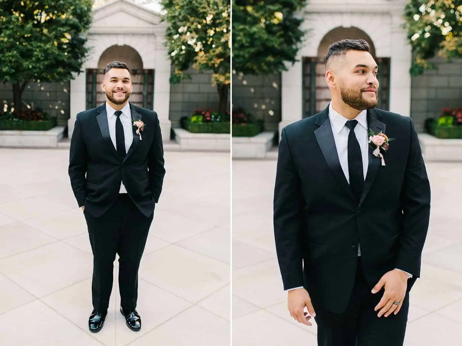 Groom wearing classic black tuxedo