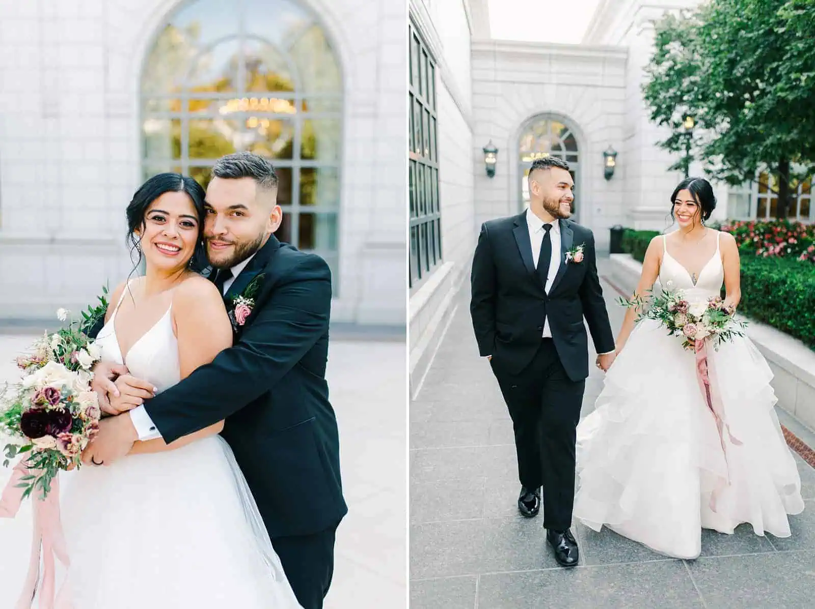 Bride and groom pose together outside the Grand America