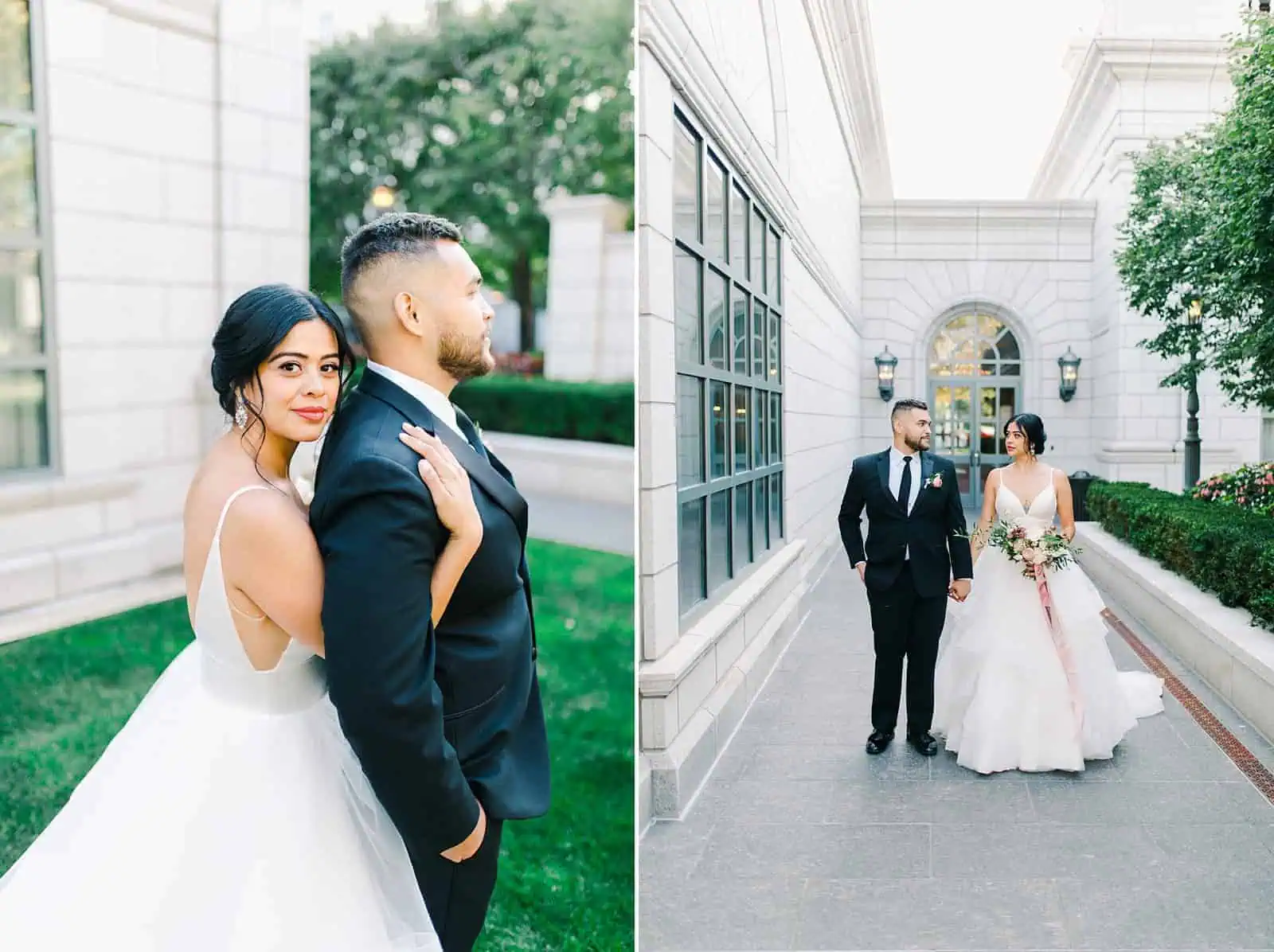 Bride and groom walking together inside the Grand America hotel courtyard