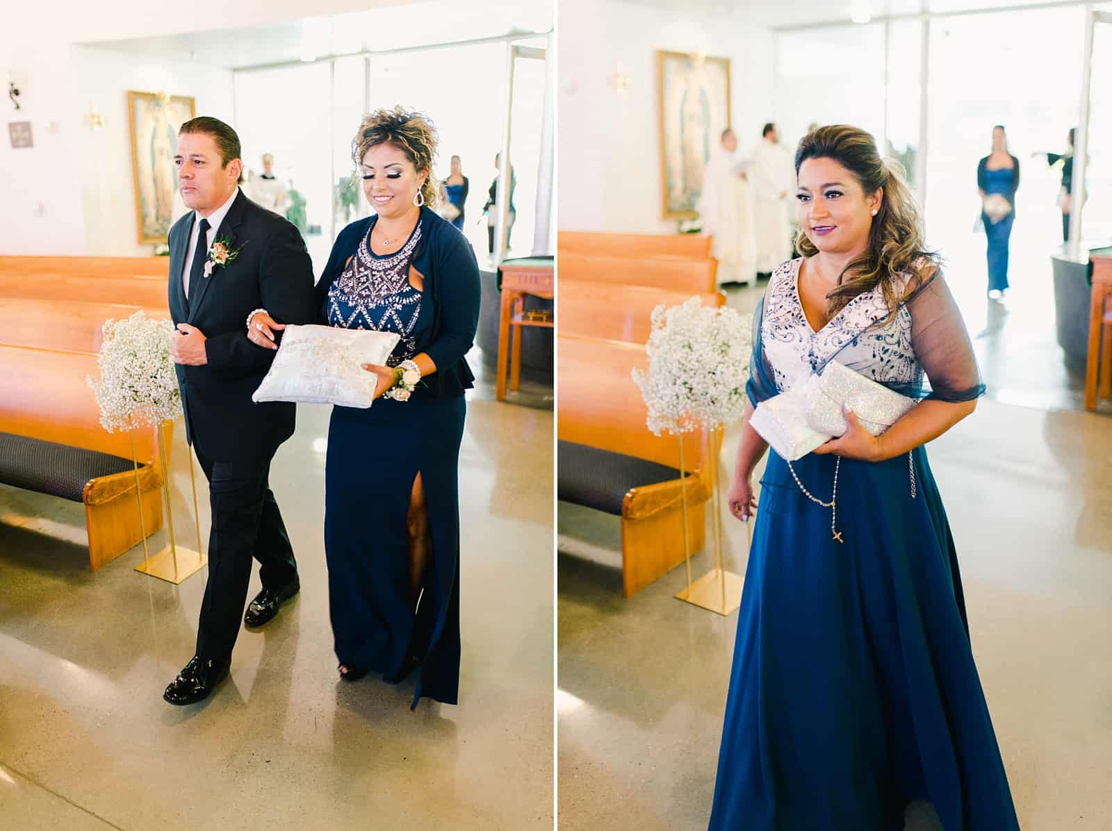 Mother of the bride and mother of the groom walk down the aisle