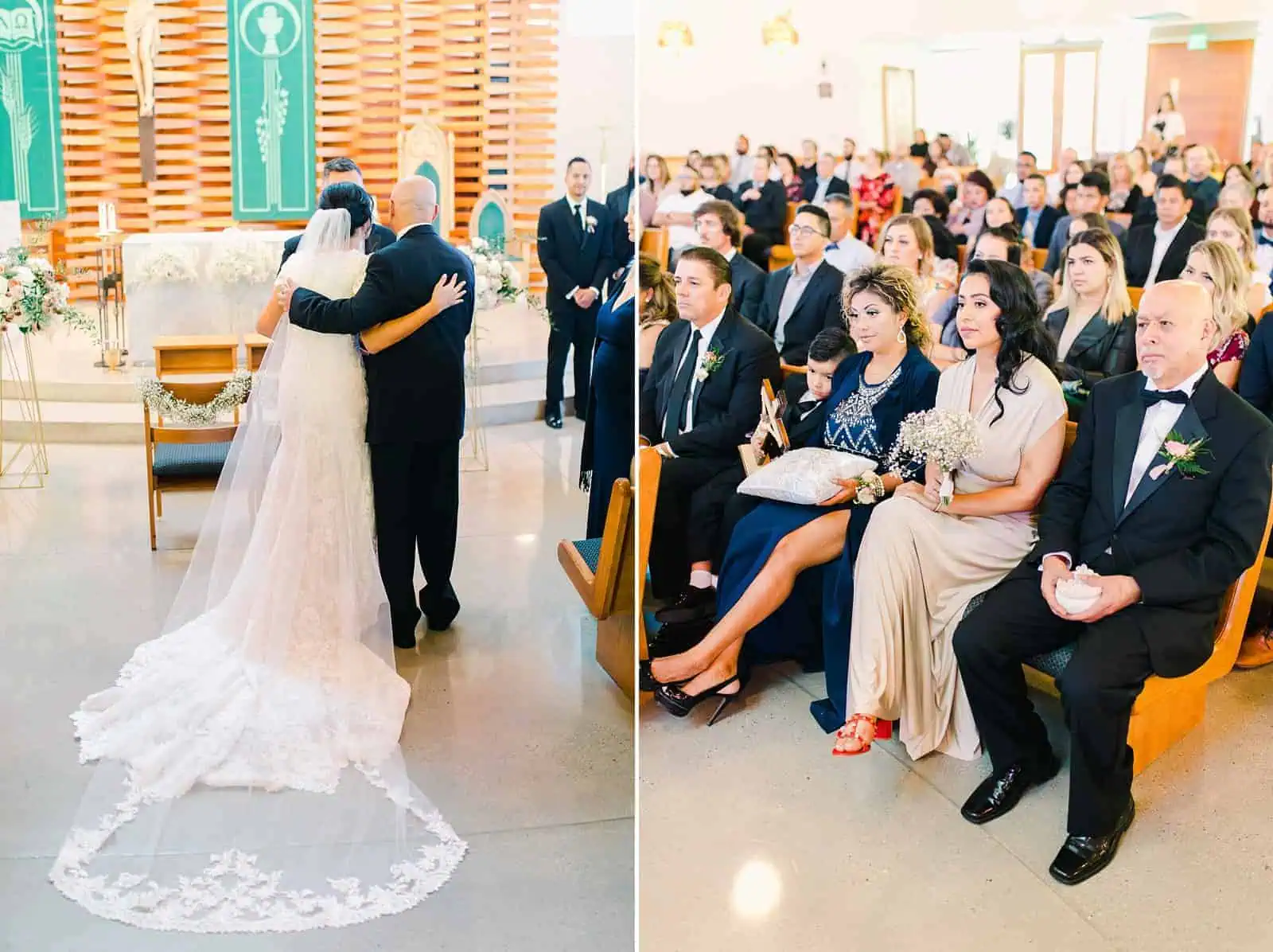 father of the bride walks her down the aisle in traditional Catholic ceremony