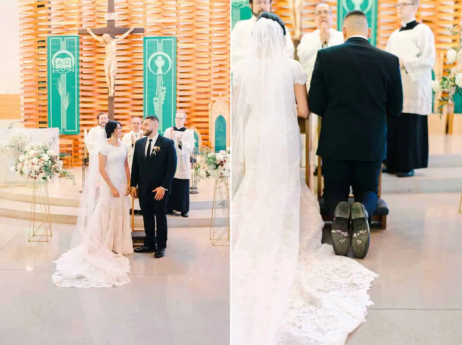 Chapel cathedral ceremony in Utah, bride and groom kneeling