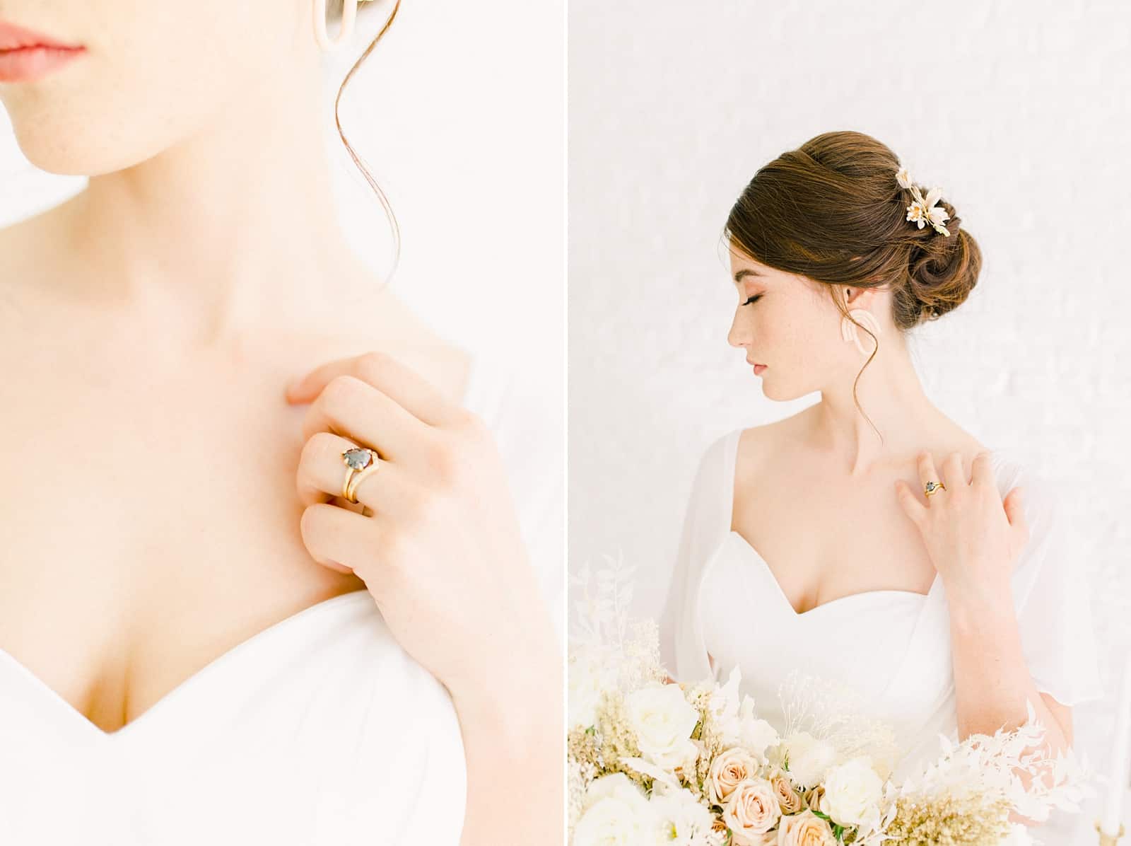 Modern bride with sleep updo, statement earrings and sweetheart neckline, unique engagement ring