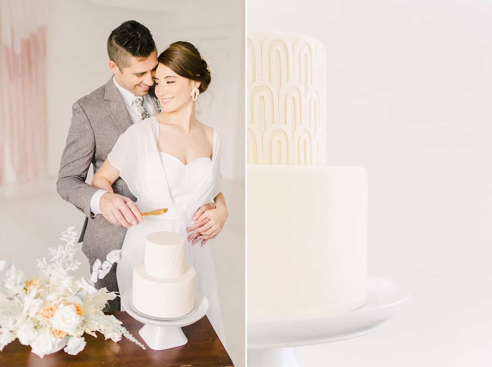 Bride and groom cut the cake, Modern minimalist white wedding cake with geometric design