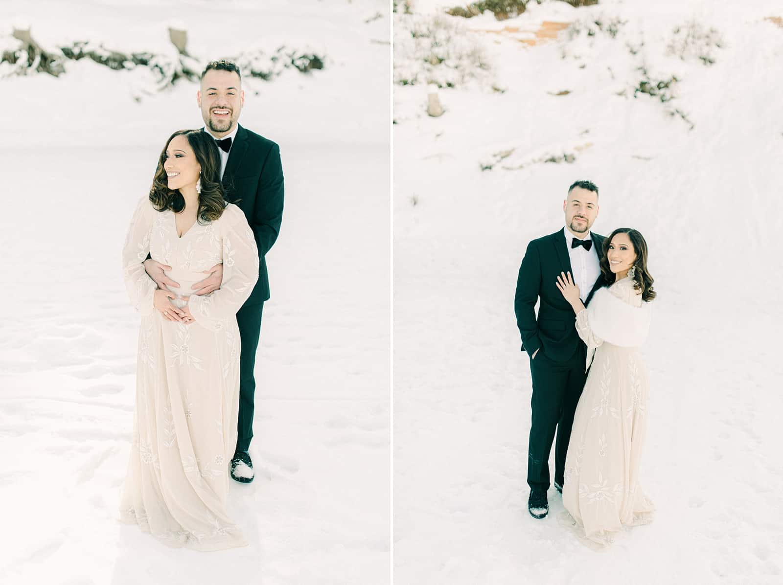 Bride and groom laughing, winter wedding in snow