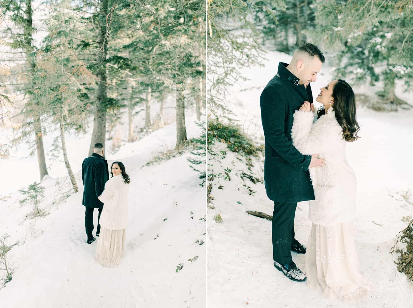 Utah winter wedding, bride and groom snowy pine trees