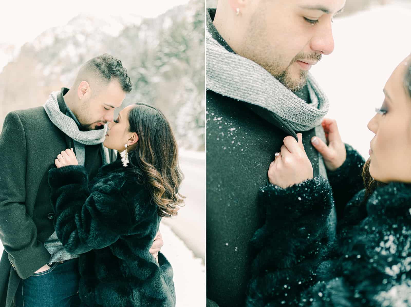 Winter engagement outfit ideas, gray scarf and black coat, diamond engagement ring