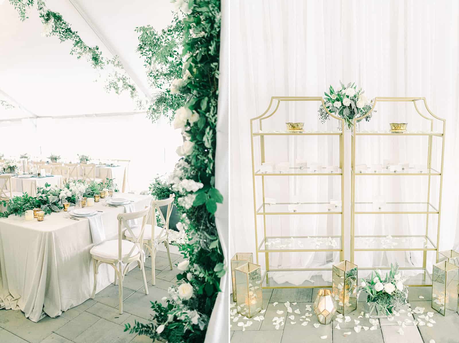 Luxury winter wedding at Willowbridge Estate in Boise, Idaho, white tent reception with greenery floral garland with white roses and tables with centerpieces