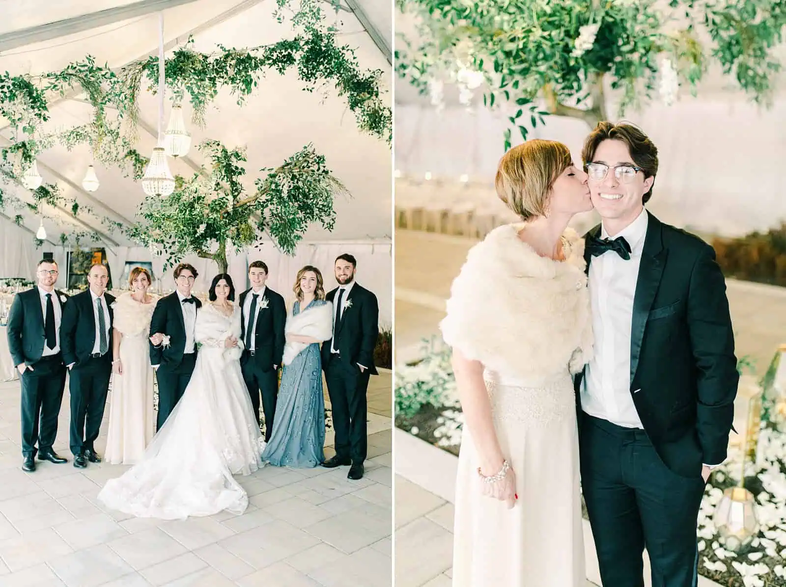 Family formal photos during winter wedding reception inside white tent