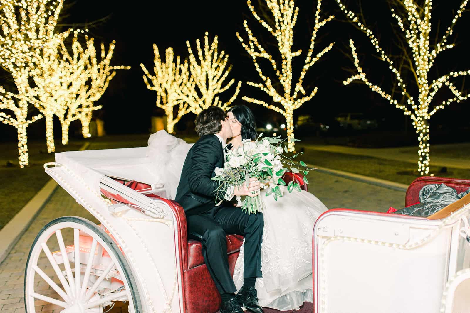 Bride and groom kiss in carriage