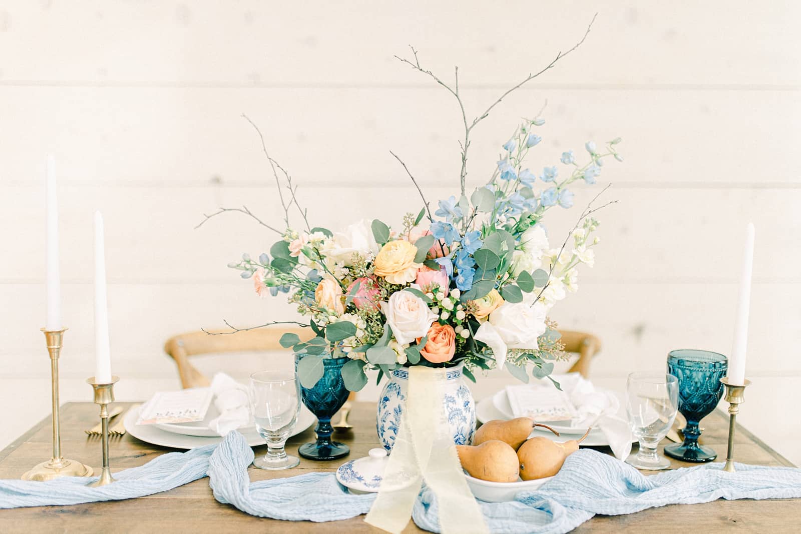 Walker Farms wedding inspiration, pastel wedding colors, light blue flower centerpiece, European wedding