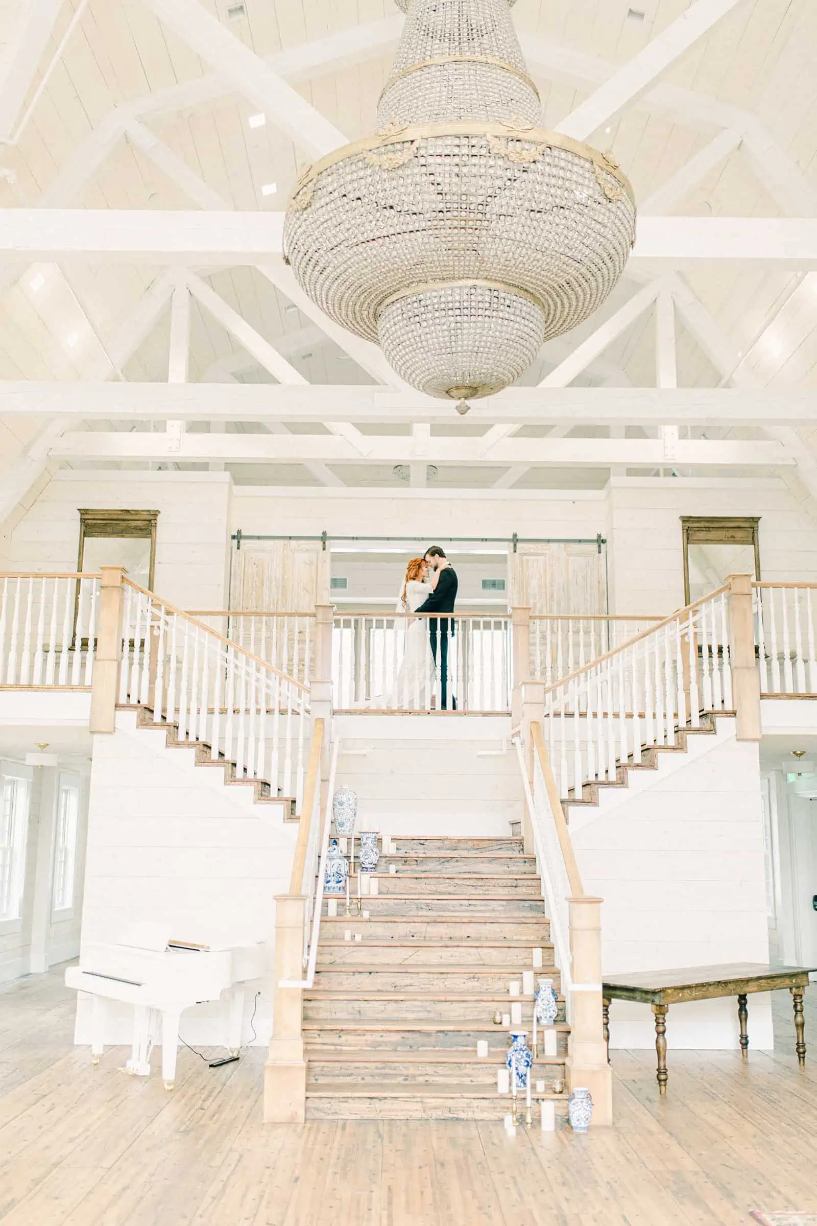 Walker Farms wedding, Utah wedding photography, bride and groom at top of staircase