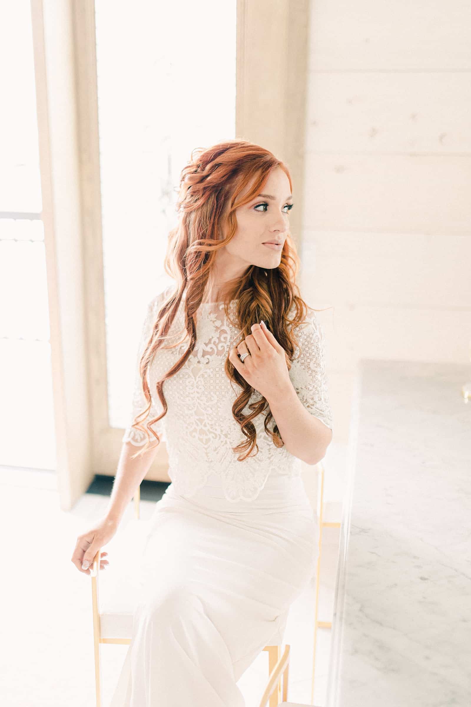 Freckled Fox wedding, redhead bride with long curly wedding hairstyle