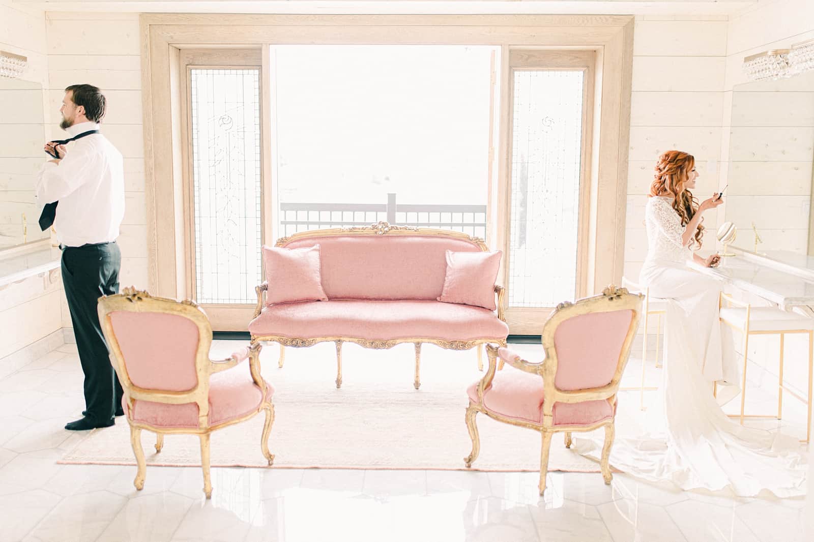 Walker Farms bridal suite, bride and groom getting ready, Utah County wedding photography