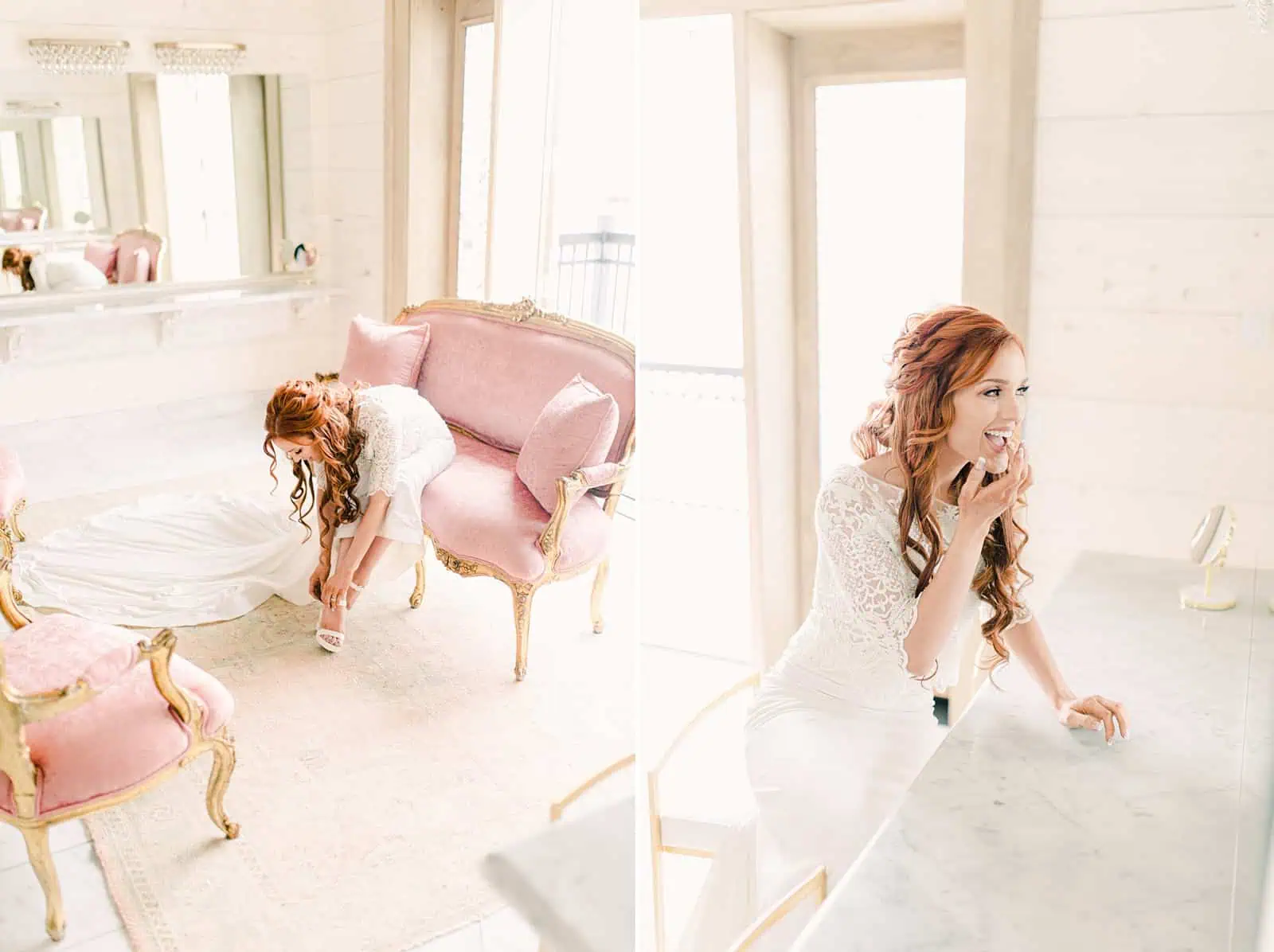 bride with red hair putting on makeup getting ready for wedding