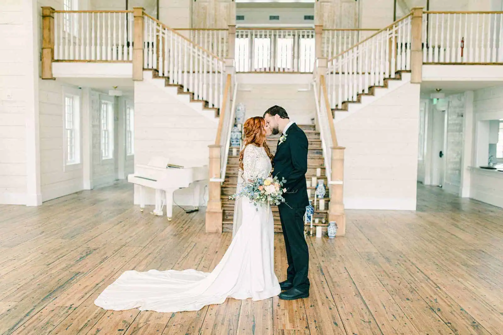 Walker Farms wedding, Utah wedding photography, bride and groom in front of staircase